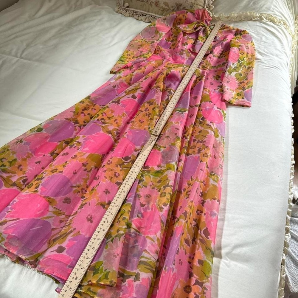 70s floral maxi dress  70s pink floral long sleeve high neck maxi dress - Picture 3 of 8